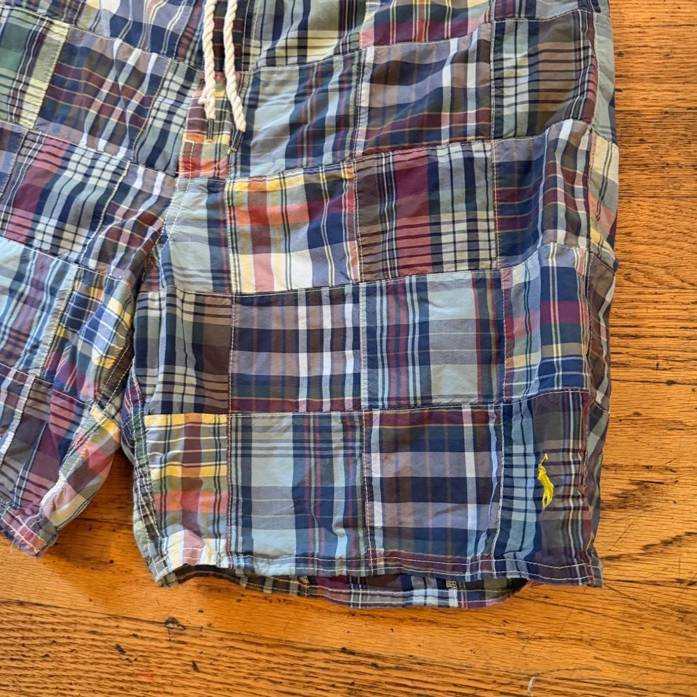 Polo Ralph Lauren Mens Patchwork Madras Plaid Swim Trunks Board Shorts Size 36